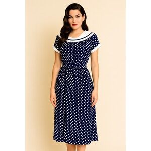 Vintage Polka Dot Sailor Dress Navy Blue White ILGWU USA Sz 6 Pin Up Rockabilly